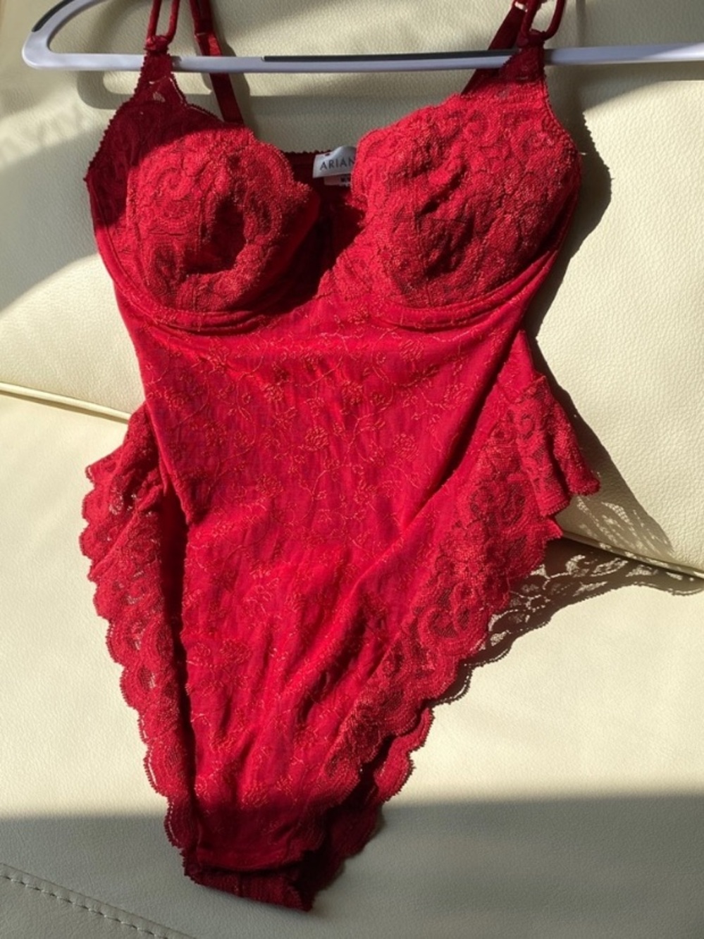 Delicate red lace Teddy G-string bodysuit by Arianne - made in Canada
